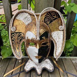 Authentic Venetian Jester Mask Valentini & Pereno Black White Gold Handmade